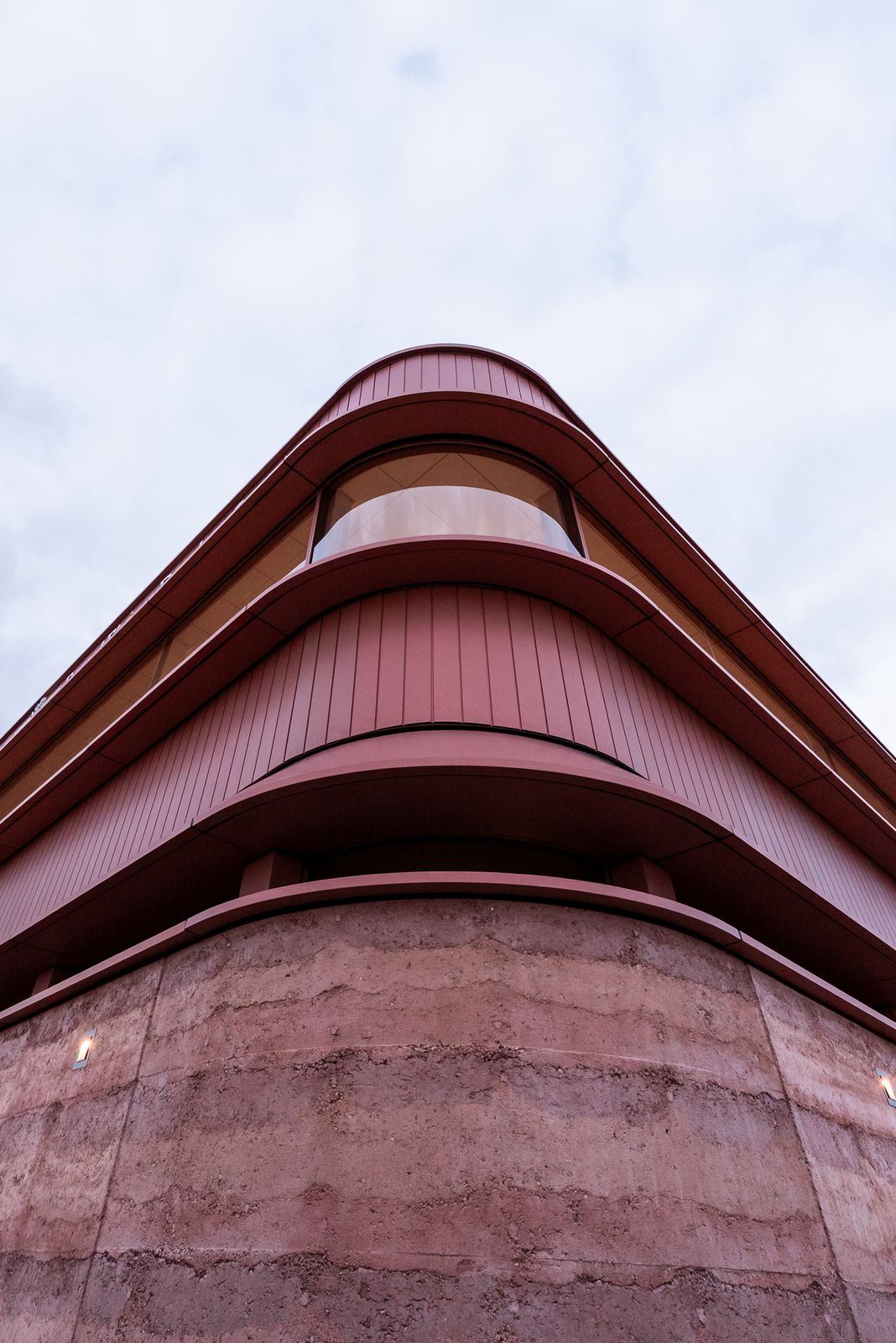 Looking up at the curved corner of the RFDS building