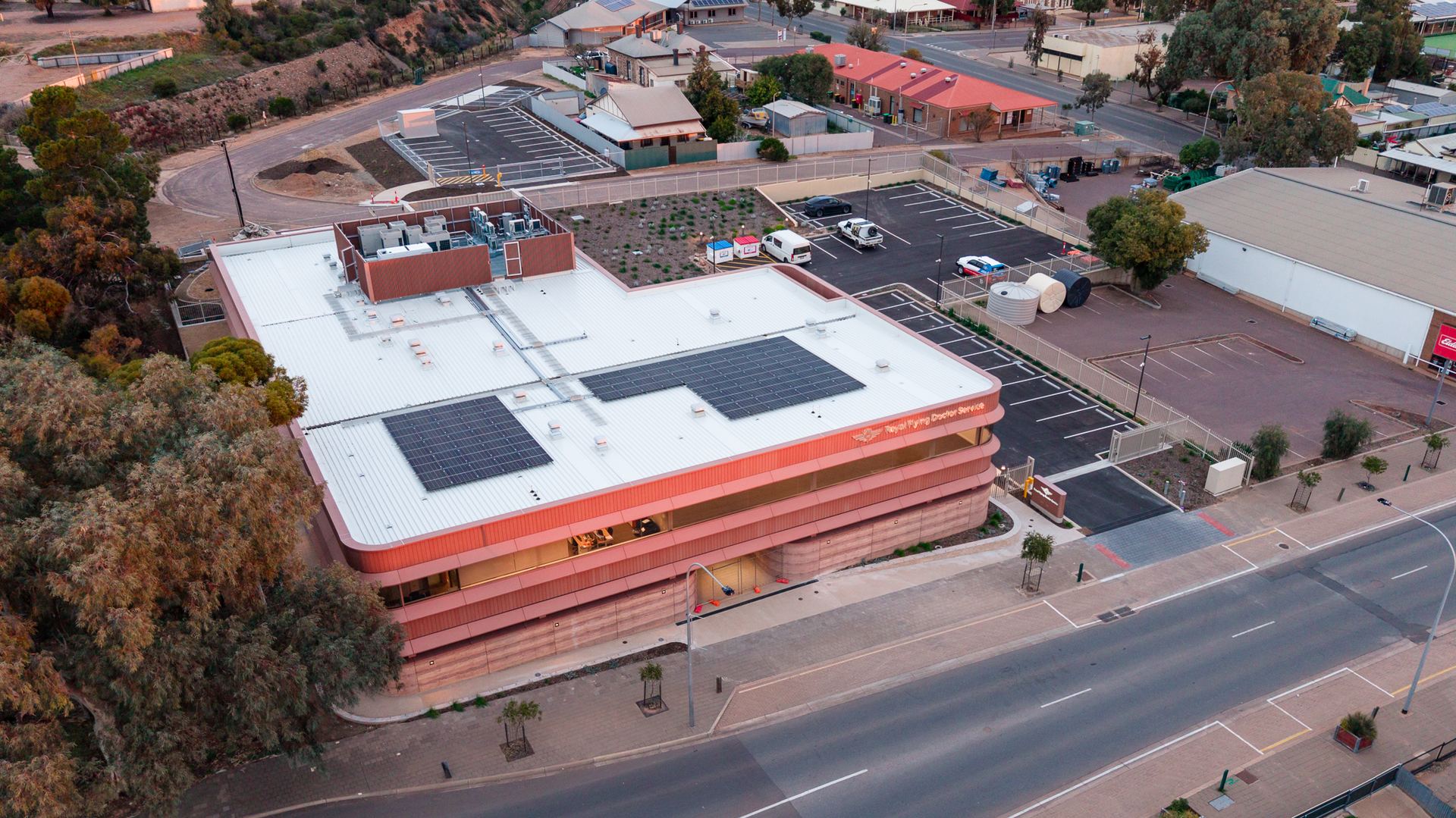 Aerial view looking down on the RFDS roof, car park and surrounds