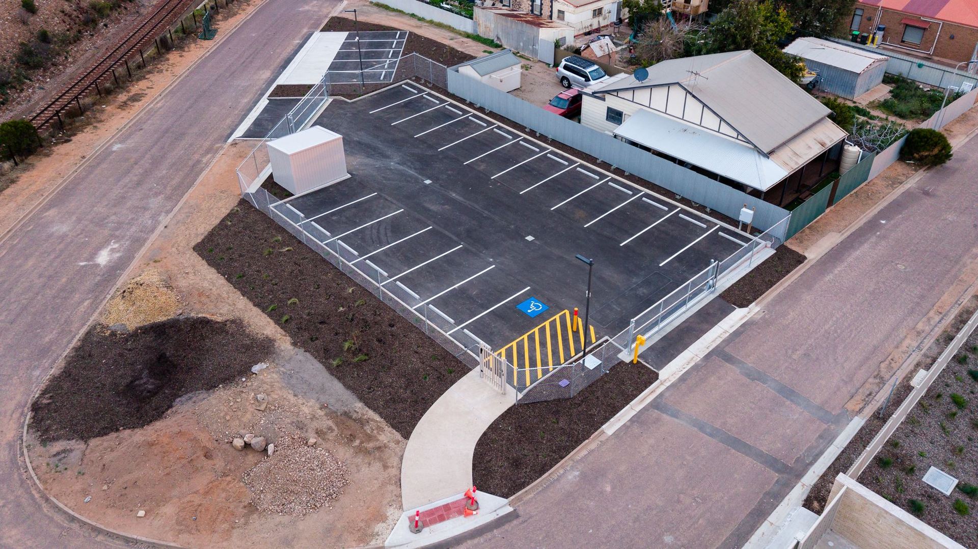 Aerial view of the RFDS car park, garden beds and footpath