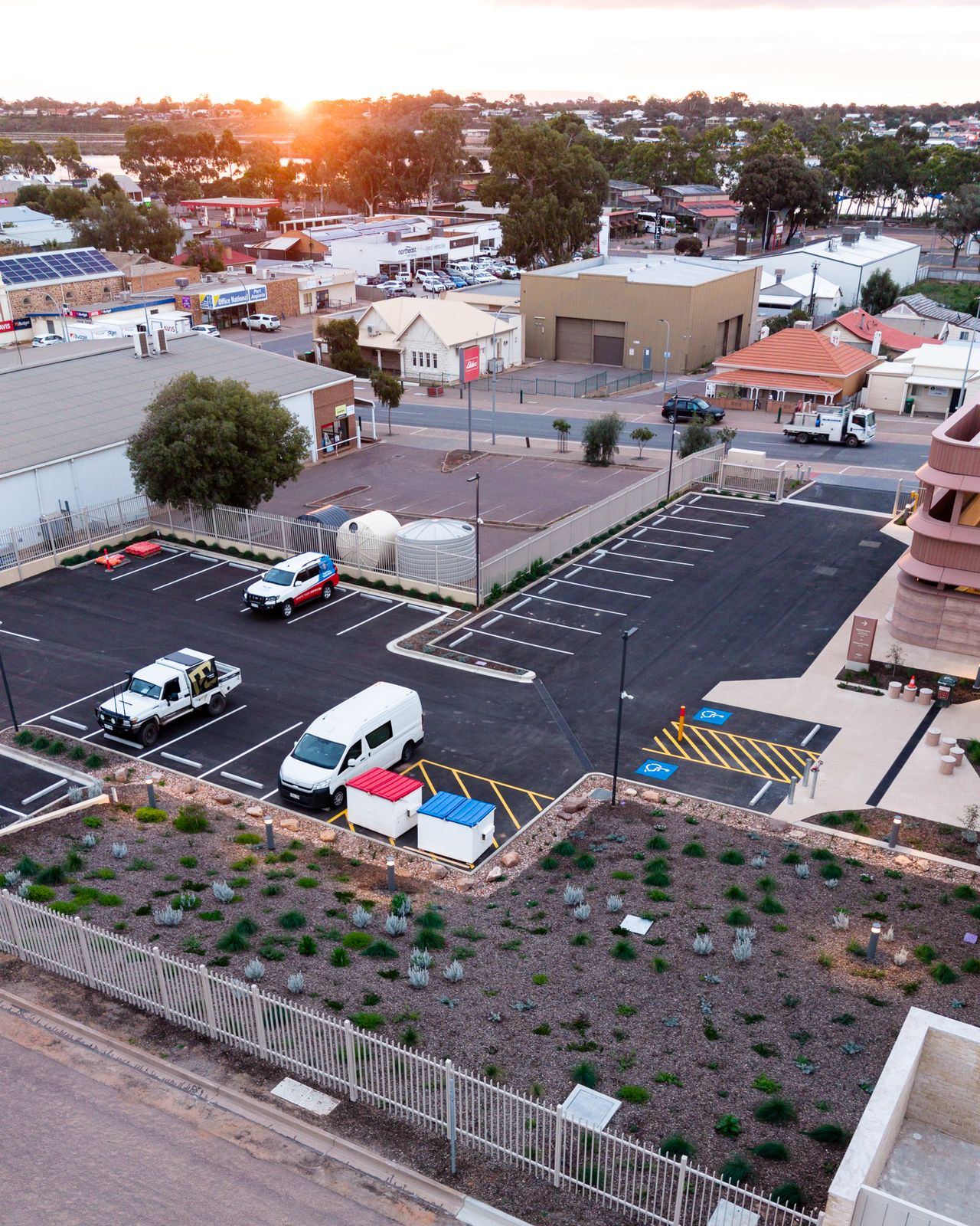 Aerial view at sunset over the RFDS car park and Port Augusta