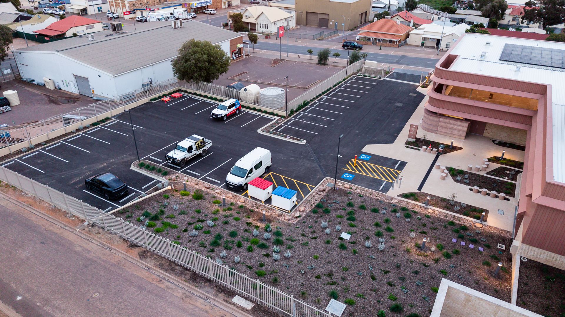 Aerial view of the RFDS car park and garden beds